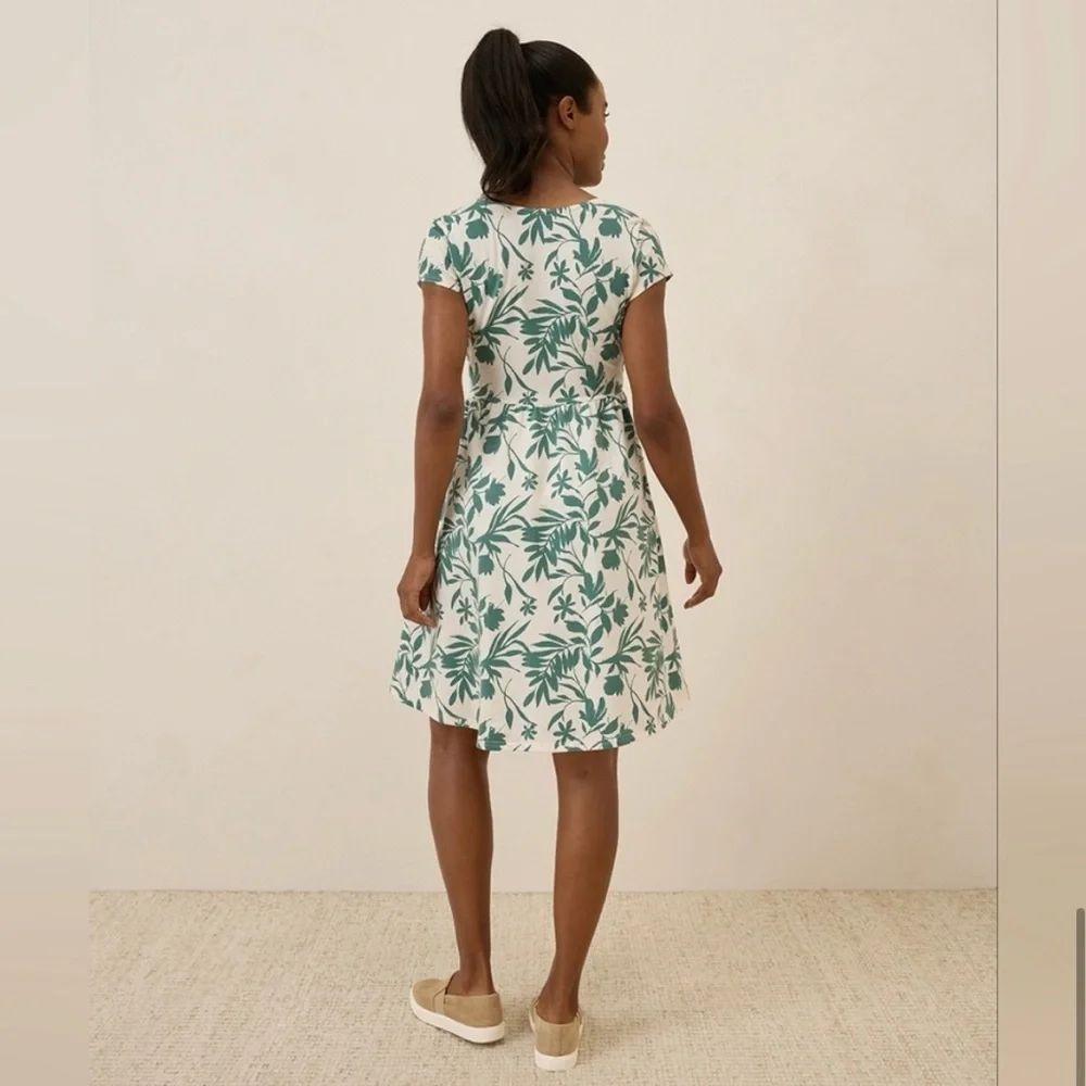 Pact NWOT Organic Cotton Fit & Flare Crossover Tropical Palm Summer Dress Small - Picture 4 of 16